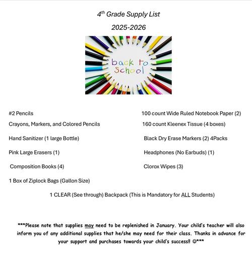 4th Grade Supply List 2025-2026